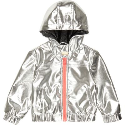 Mini girls silver hooded bomber jacket